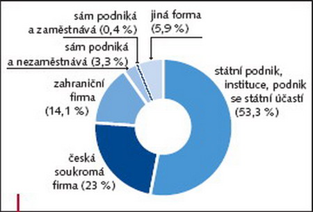 Jak je zřejmé z grafu, mírná většina absolventů pracuje ve státních firmách či institucích (zejména absolventi PdF, LF, PřF, FF a FSS), více než pětina působí v českých soukromých firmách (nejčastěji absolventi FI, PrF a ESF), jedna sedmina potom u zahraničních firem (nejvíce opět absolventi ESF a FI). Více než polovina dotázaných pracuje v jednom ze třech odvětví - ve školství, správě a zdravotnictví.